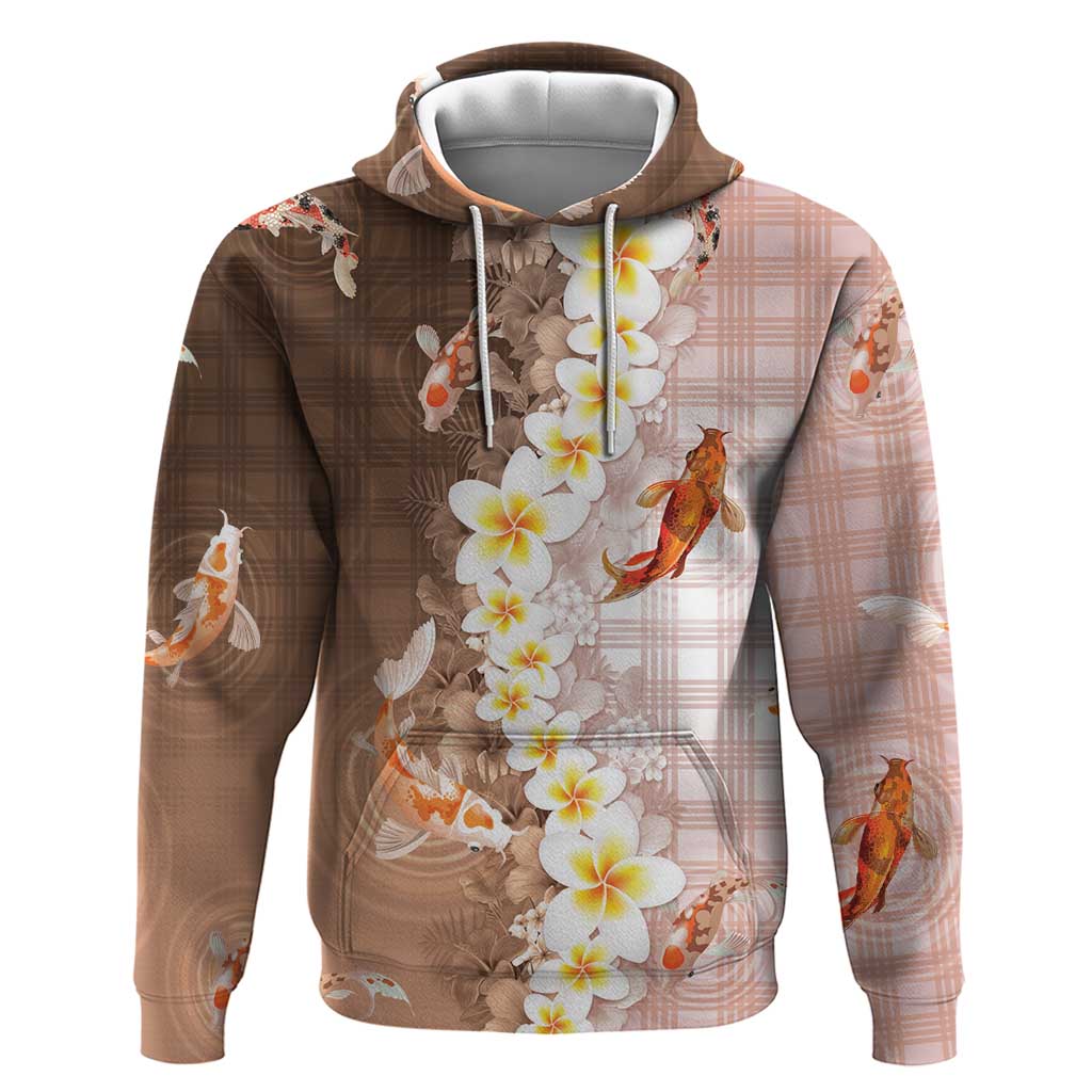 Hawaii And Japan Zip Hoodie Plumeria Lei With Koi Fish Beige - Polynesian Pride