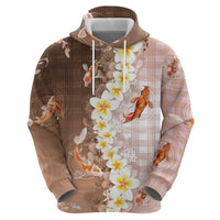 Hawaii And Japan Zip Hoodie Plumeria Lei With Koi Fish Beige - Polynesian Pride