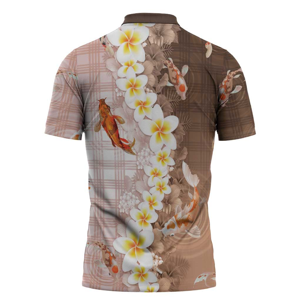 Hawaii And Japan Zipper Polo Shirt Plumeria Lei With Koi Fish Beige - Polynesian Pride