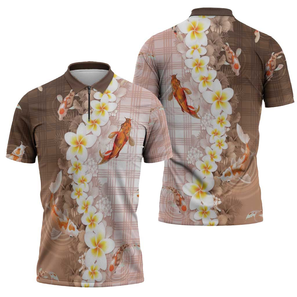Hawaii And Japan Zipper Polo Shirt Plumeria Lei With Koi Fish Beige - Polynesian Pride