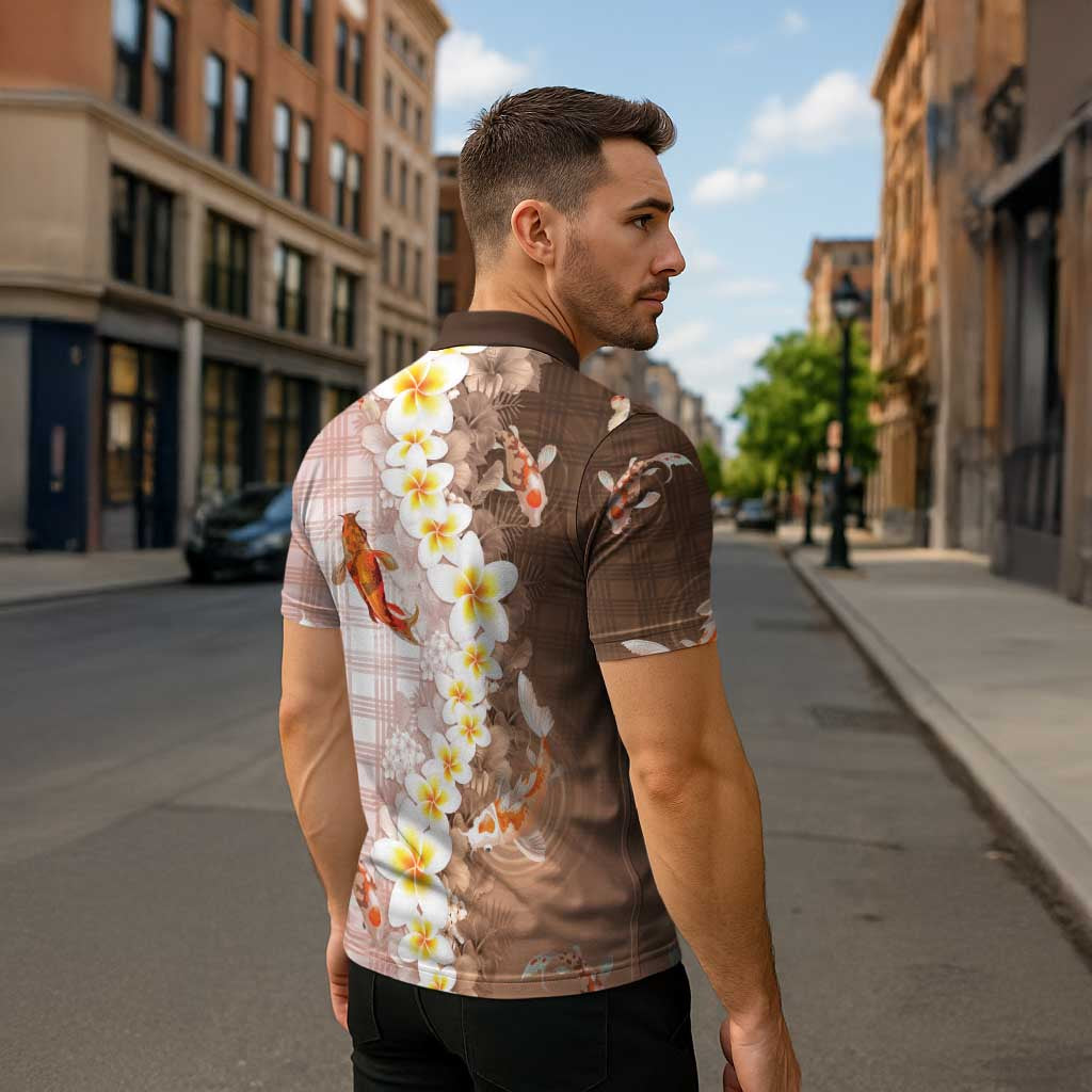 Hawaii And Japan Zipper Polo Shirt Plumeria Lei With Koi Fish Beige - Polynesian Pride