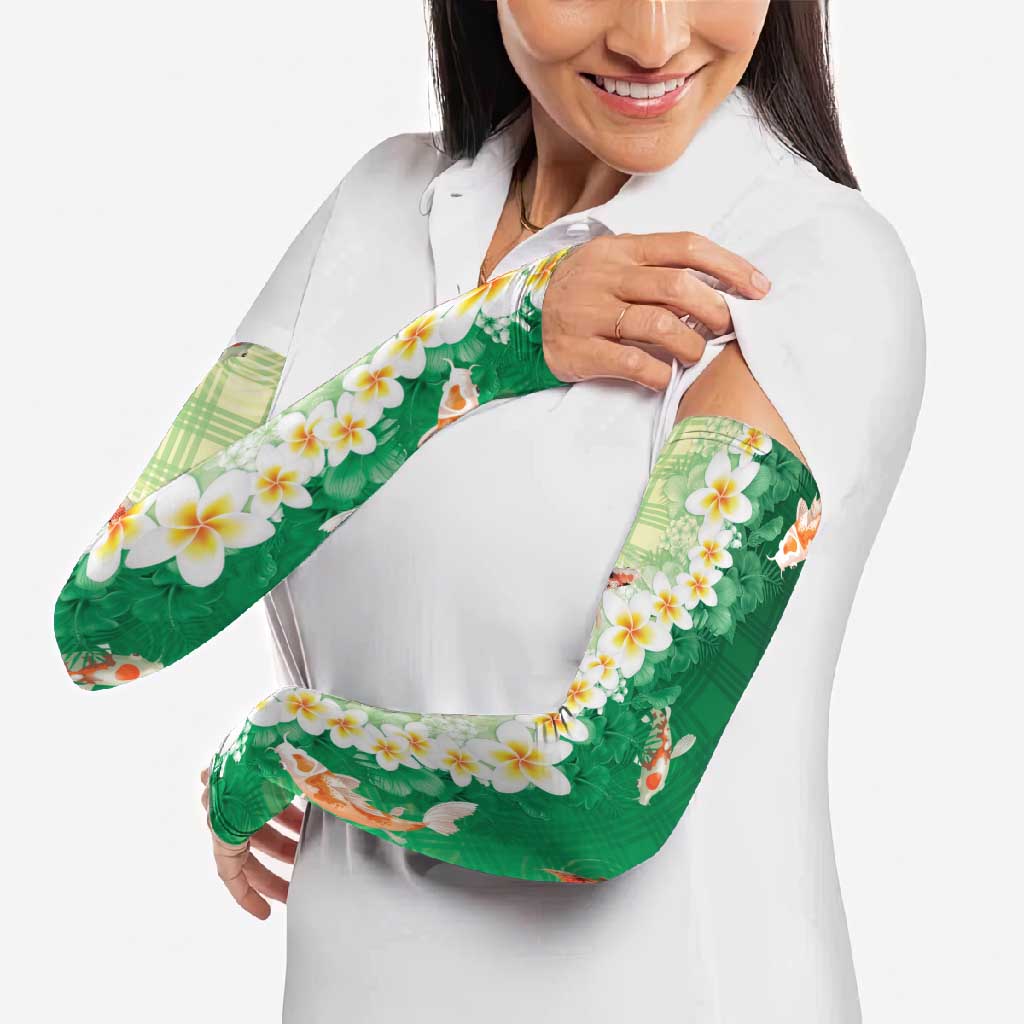 Hawaii And Japan Arm Sleeves Plumeria Lei With Koi Fish Green - Polynesian Pride