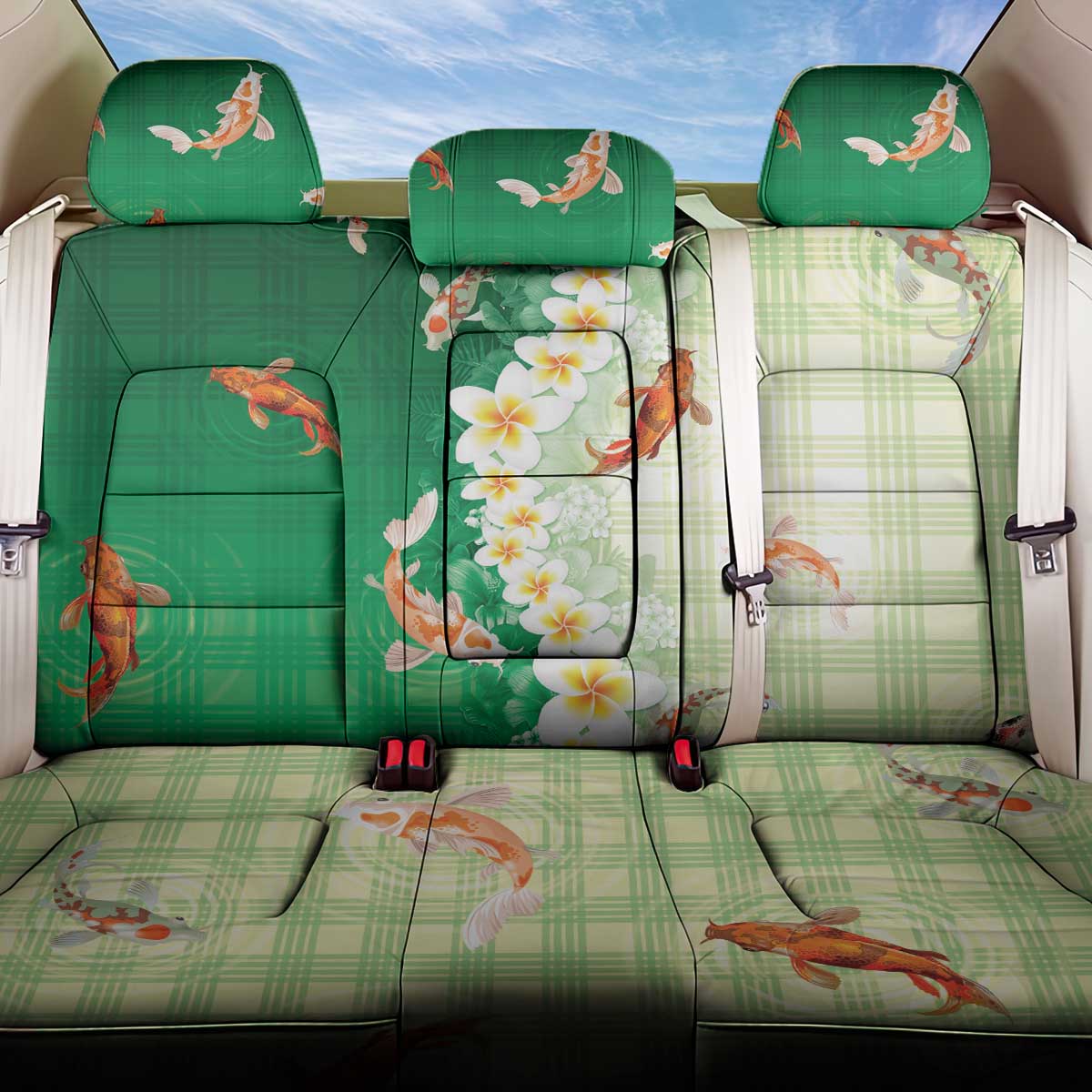 Hawaii And Japan Back Car Seat Cover Plumeria Lei With Koi Fish Green - Polynesian Pride