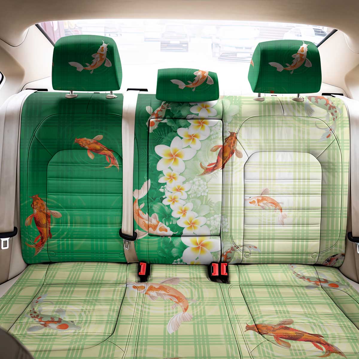 Hawaii And Japan Back Car Seat Cover Plumeria Lei With Koi Fish Green - Polynesian Pride