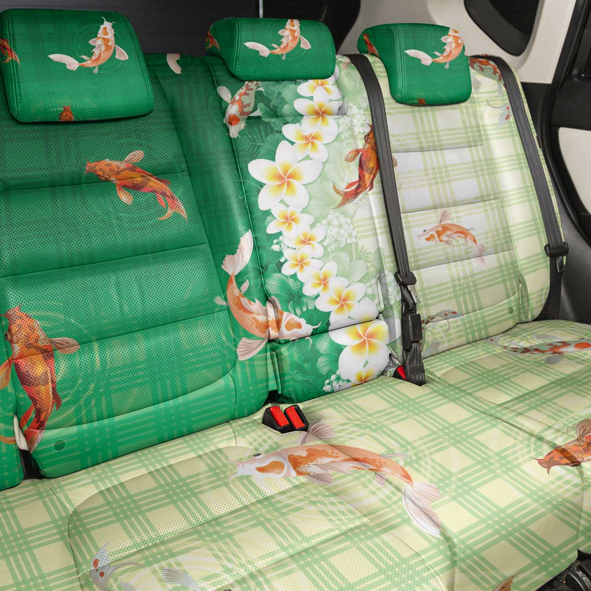 Hawaii And Japan Back Car Seat Cover Plumeria Lei With Koi Fish Green - Polynesian Pride