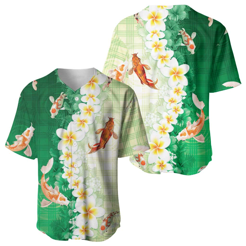 Hawaii And Japan Baseball Jersey Plumeria Lei With Koi Fish Green - Polynesian Pride