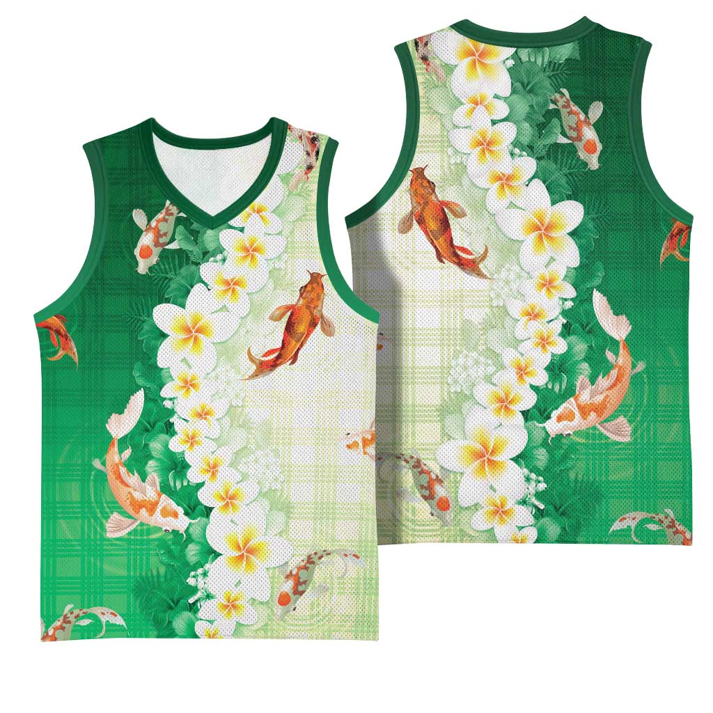 Hawaii And Japan Basketball Jersey Plumeria Lei With Koi Fish Green - Polynesian Pride