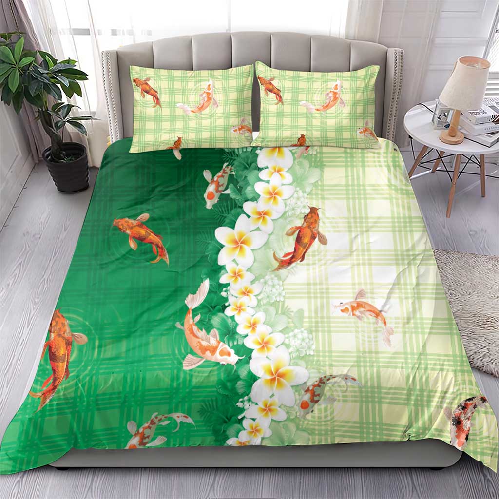 Hawaii And Japan Bedding Set Plumeria Lei With Koi Fish Green - Polynesian Pride