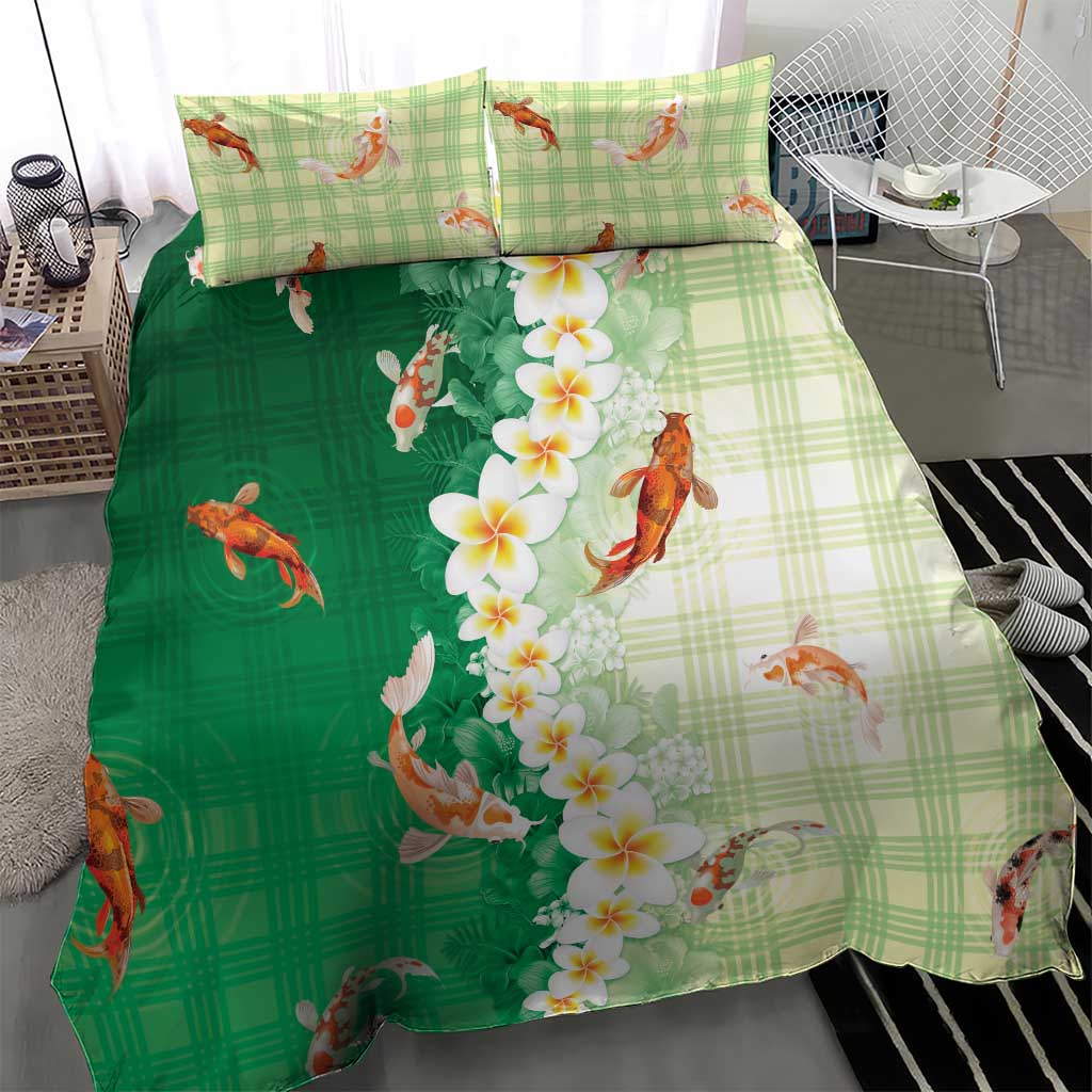 Hawaii And Japan Bedding Set Plumeria Lei With Koi Fish Green - Polynesian Pride