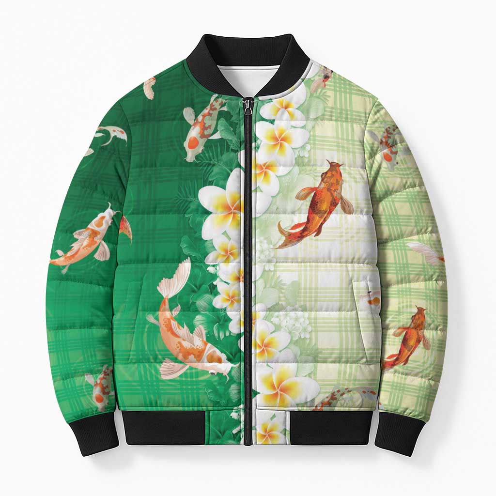 Hawaii And Japan Bomber Puffer Jacket Plumeria Lei With Koi Fish Green - Polynesian Pride
