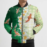 Hawaii And Japan Bomber Puffer Jacket Plumeria Lei With Koi Fish Green - Polynesian Pride