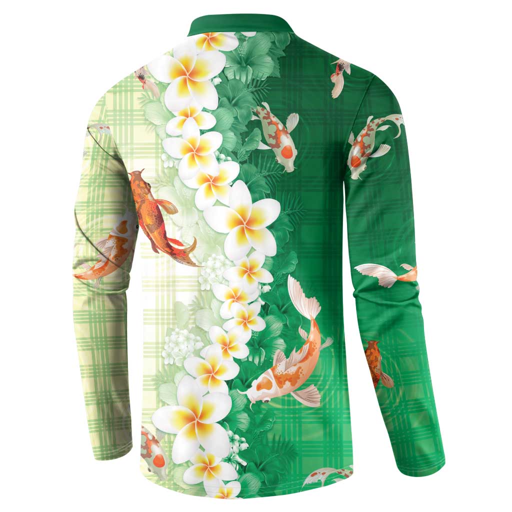 Hawaii And Japan Button Sweatshirt Plumeria Lei With Koi Fish Green - Polynesian Pride