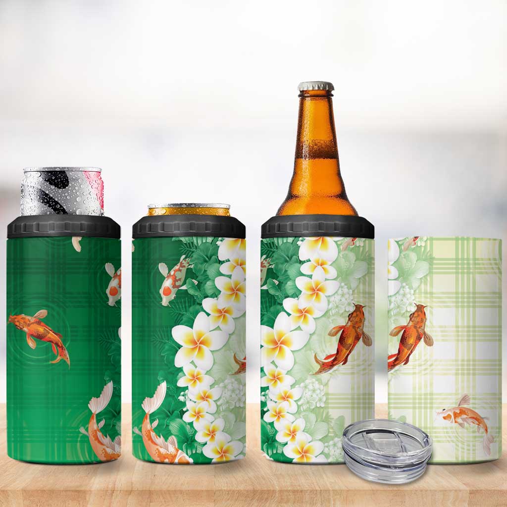 Hawaii And Japan 4 in 1 Can Cooler Tumbler Plumeria Lei With Koi Fish Green - Polynesian Pride