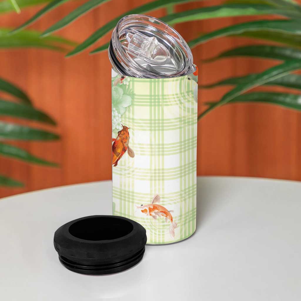 Hawaii And Japan 4 in 1 Can Cooler Tumbler Plumeria Lei With Koi Fish Green - Polynesian Pride