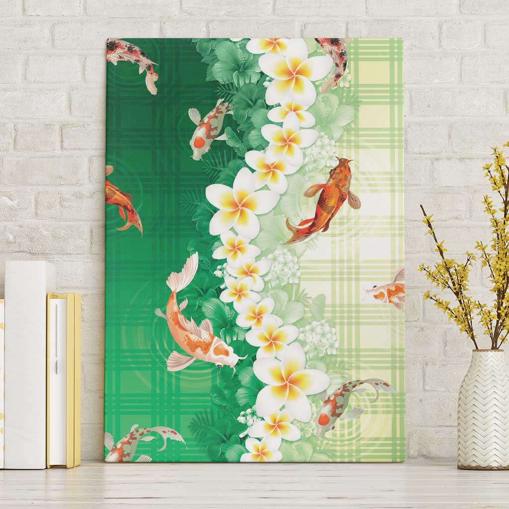 Hawaii And Japan Canvas Wall Art Plumeria Lei With Koi Fish Green - Polynesian Pride