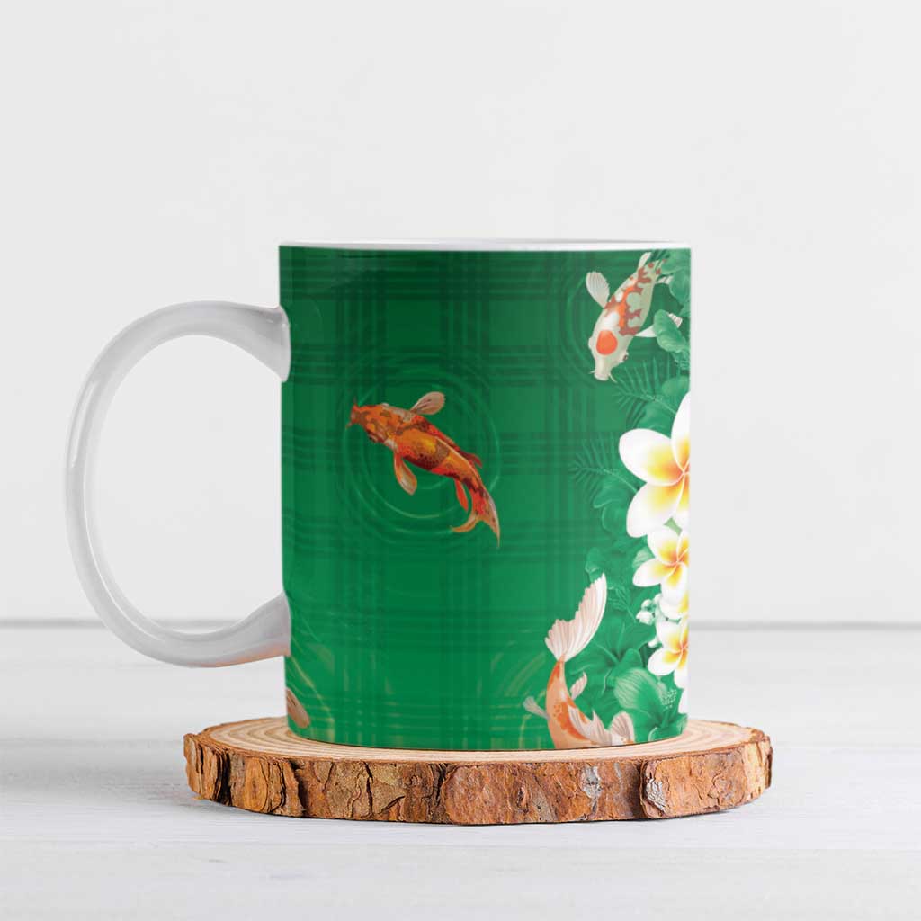 Hawaii And Japan Ceramic Mug Plumeria Lei With Koi Fish Green - Polynesian Pride