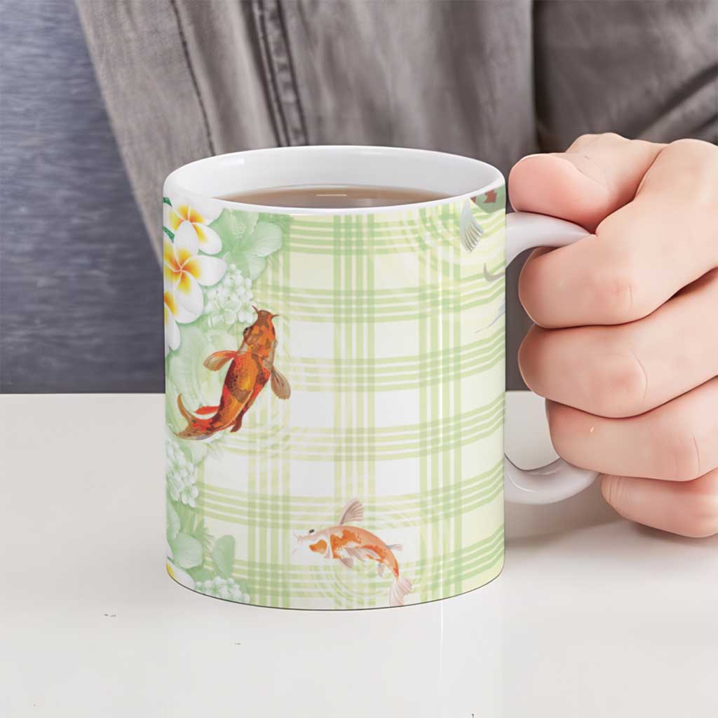 Hawaii And Japan Ceramic Mug Plumeria Lei With Koi Fish Green - Polynesian Pride