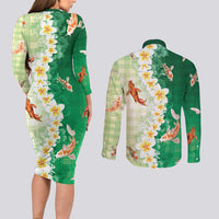Hawaii And Japan Couples Matching Long Sleeve Bodycon Dress and Long Sleeve Button Shirt Plumeria Lei With Koi Fish Green - Polynesian Pride