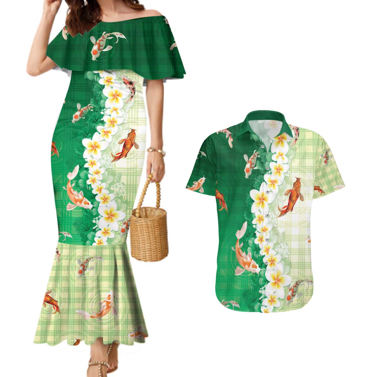 Hawaii And Japan Couples Matching Mermaid Dress and Hawaiian Shirt Plumeria Lei With Koi Fish Green - Polynesian Pride
