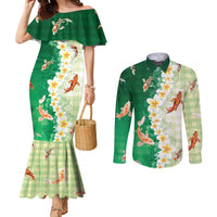 Hawaii And Japan Couples Matching Mermaid Dress and Long Sleeve Button Shirt Plumeria Lei With Koi Fish Green - Polynesian Pride