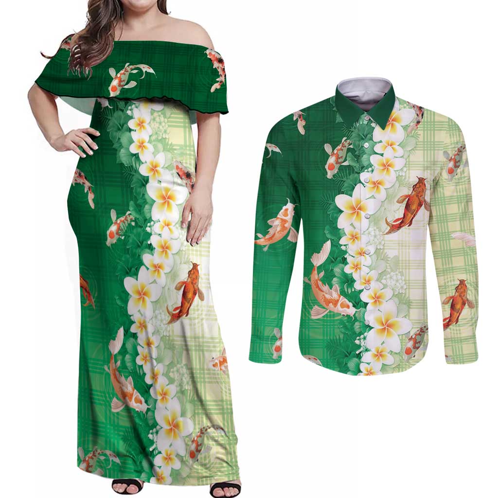 Hawaii And Japan Couples Matching Off Shoulder Maxi Dress and Long Sleeve Button Shirt Plumeria Lei With Koi Fish Green - Polynesian Pride