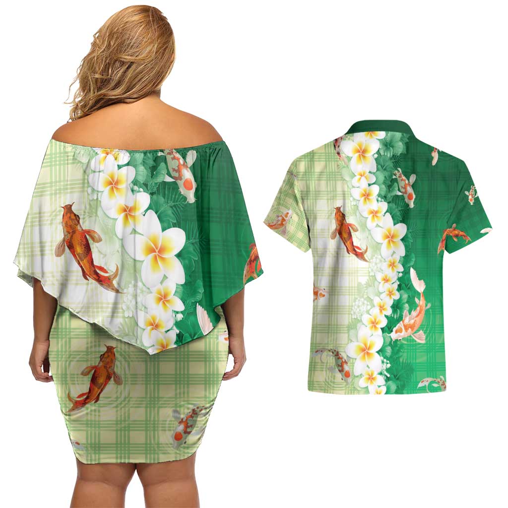 Hawaii And Japan Couples Matching Off Shoulder Short Dress and Hawaiian Shirt Plumeria Lei With Koi Fish Green - Polynesian Pride