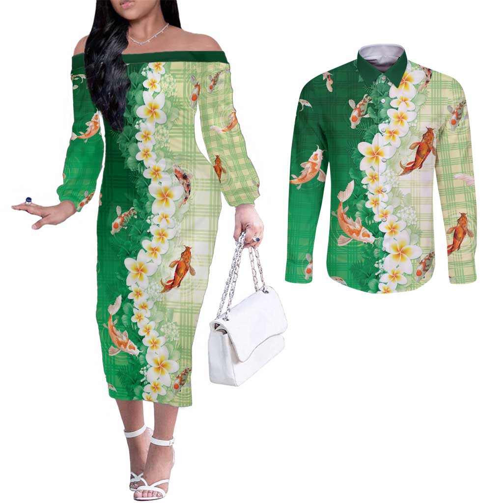 Hawaii And Japan Couples Matching Off The Shoulder Long Sleeve Dress and Long Sleeve Button Shirt Plumeria Lei With Koi Fish Green - Polynesian Pride