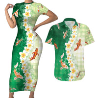 Hawaii And Japan Couples Matching Short Sleeve Bodycon Dress and Hawaiian Shirt Plumeria Lei With Koi Fish Green - Polynesian Pride