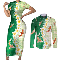 Hawaii And Japan Couples Matching Short Sleeve Bodycon Dress and Long Sleeve Button Shirt Plumeria Lei With Koi Fish Green - Polynesian Pride