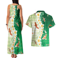 Hawaii And Japan Couples Matching Tank Maxi Dress and Hawaiian Shirt Plumeria Lei With Koi Fish Green - Polynesian Pride