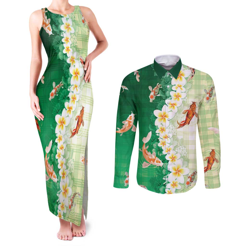 Hawaii And Japan Couples Matching Tank Maxi Dress and Long Sleeve Button Shirt Plumeria Lei With Koi Fish Green - Polynesian Pride
