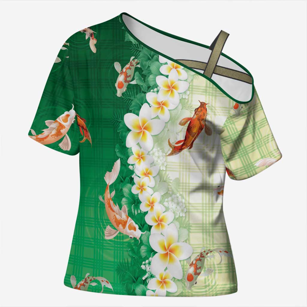 Hawaii And Japan Cross Shoulder Shirt Plumeria Lei With Koi Fish Green - Polynesian Pride