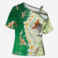 Hawaii And Japan Cross Shoulder Shirt Plumeria Lei With Koi Fish Green - Polynesian Pride