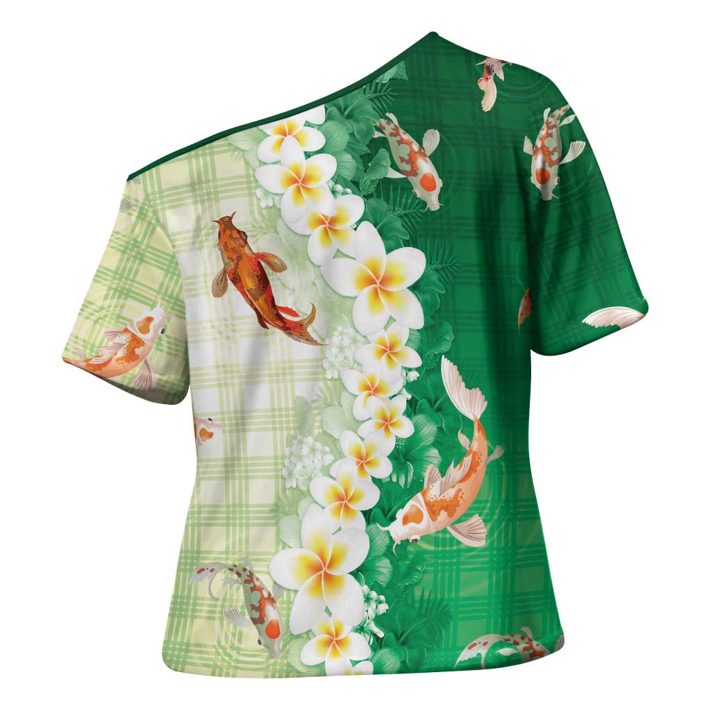 Hawaii And Japan Cross Shoulder Shirt Plumeria Lei With Koi Fish Green - Polynesian Pride