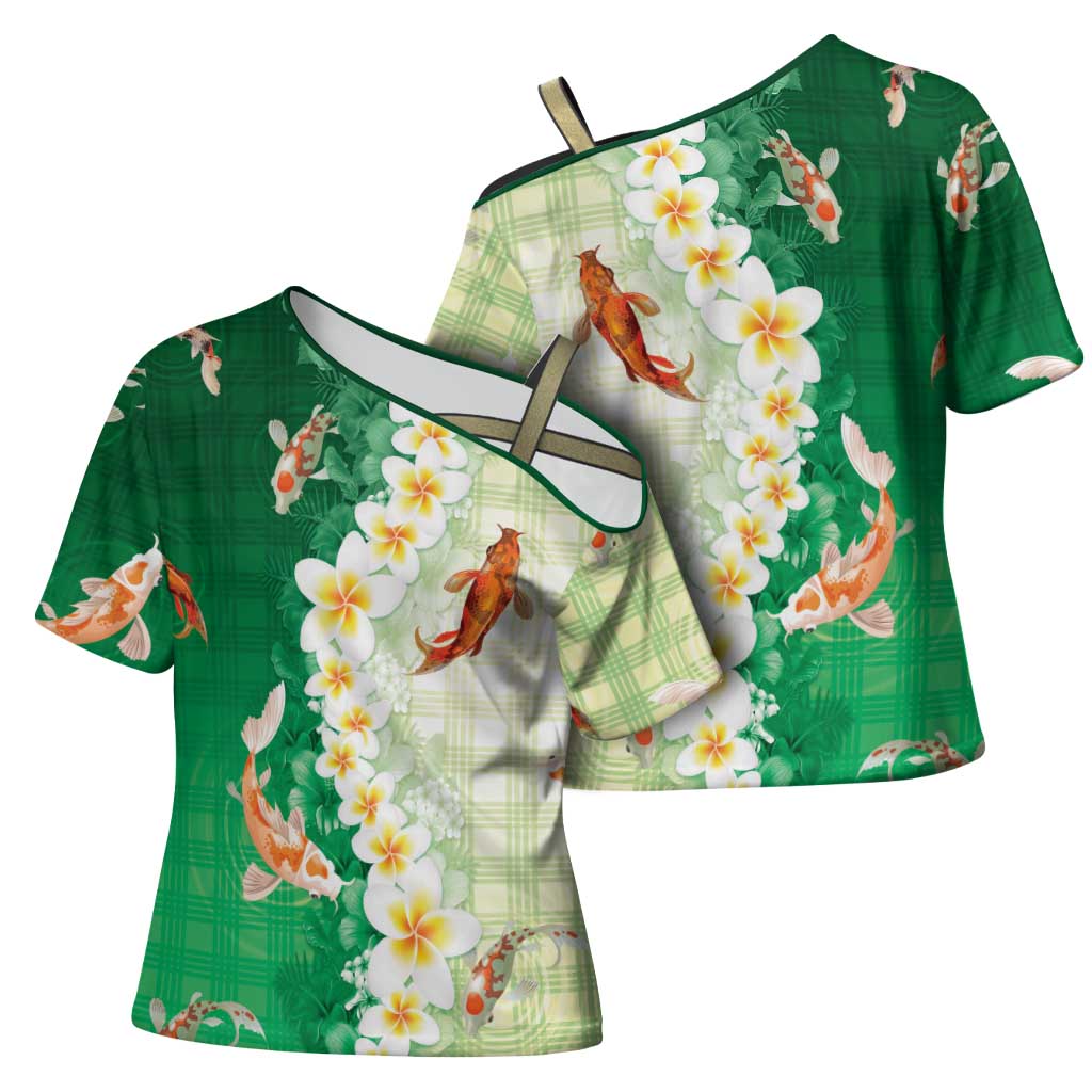 Hawaii And Japan Cross Shoulder Shirt Plumeria Lei With Koi Fish Green - Polynesian Pride