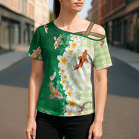 Hawaii And Japan Cross Shoulder Shirt Plumeria Lei With Koi Fish Green - Polynesian Pride