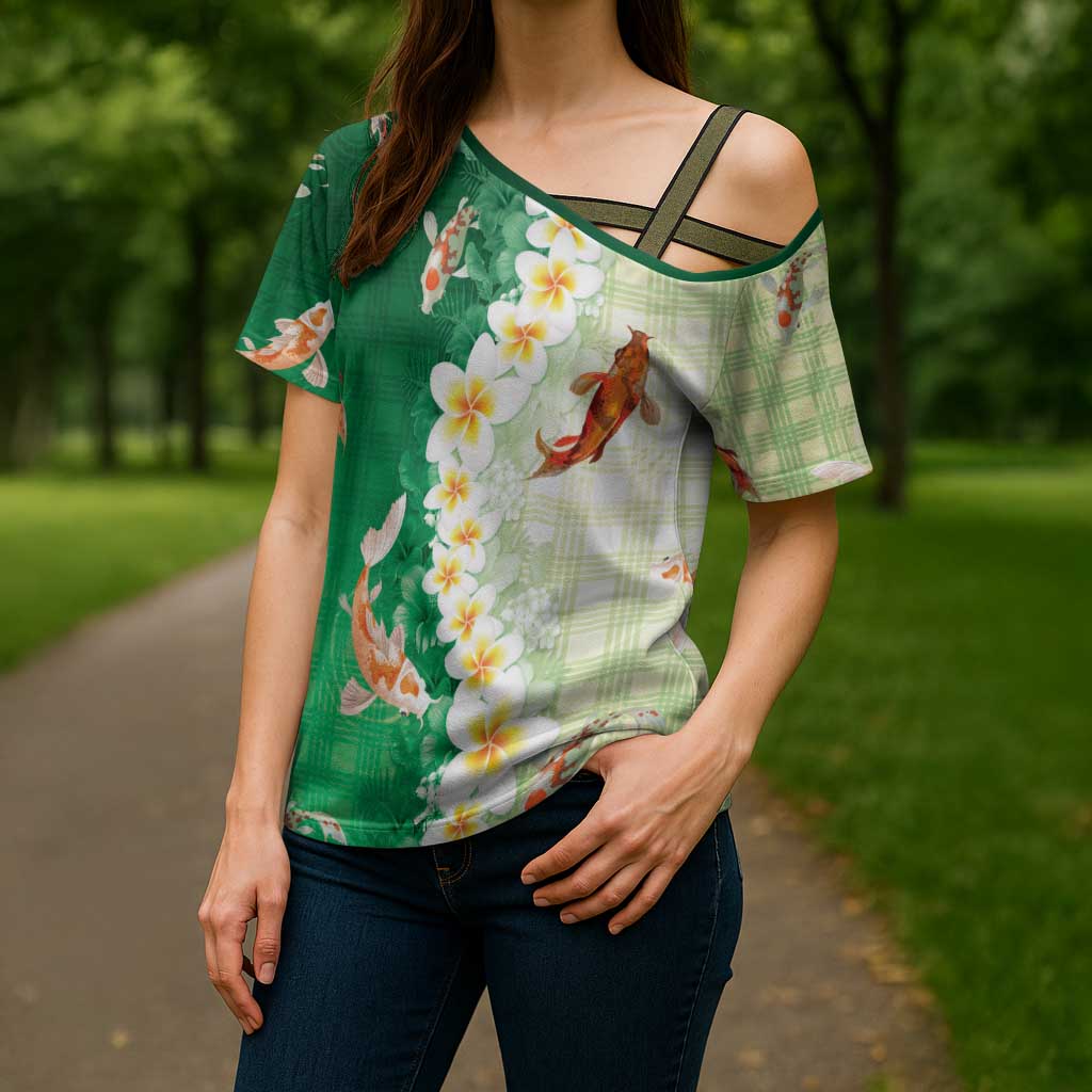 Hawaii And Japan Cross Shoulder Shirt Plumeria Lei With Koi Fish Green - Polynesian Pride