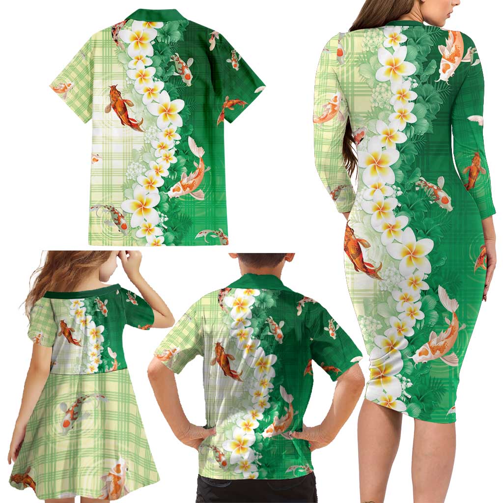 Hawaii And Japan Family Matching Long Sleeve Bodycon Dress and Hawaiian Shirt Plumeria Lei With Koi Fish Green - Polynesian Pride