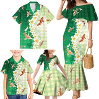 Hawaii And Japan Family Matching Mermaid Dress and Hawaiian Shirt Plumeria Lei With Koi Fish Green - Polynesian Pride