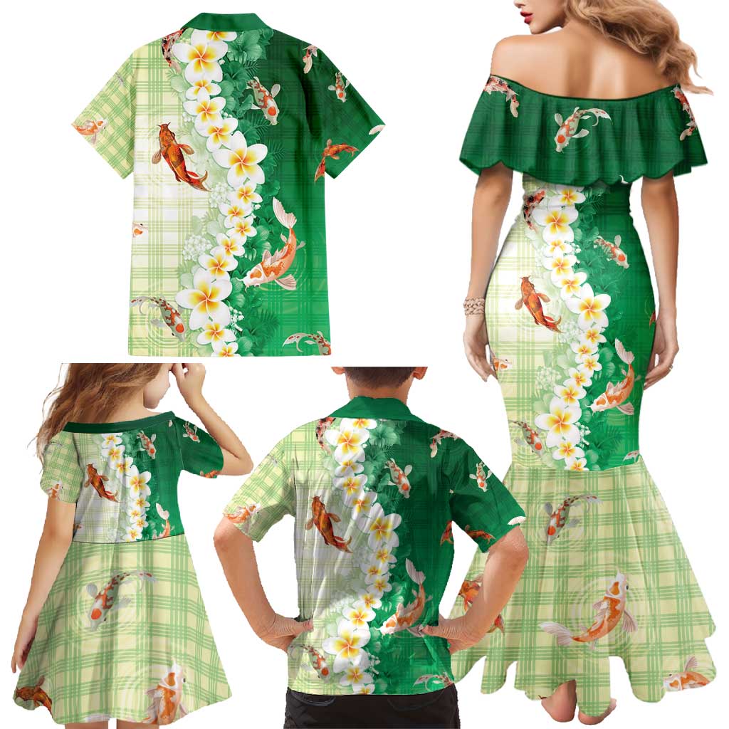 Hawaii And Japan Family Matching Mermaid Dress and Hawaiian Shirt Plumeria Lei With Koi Fish Green - Polynesian Pride