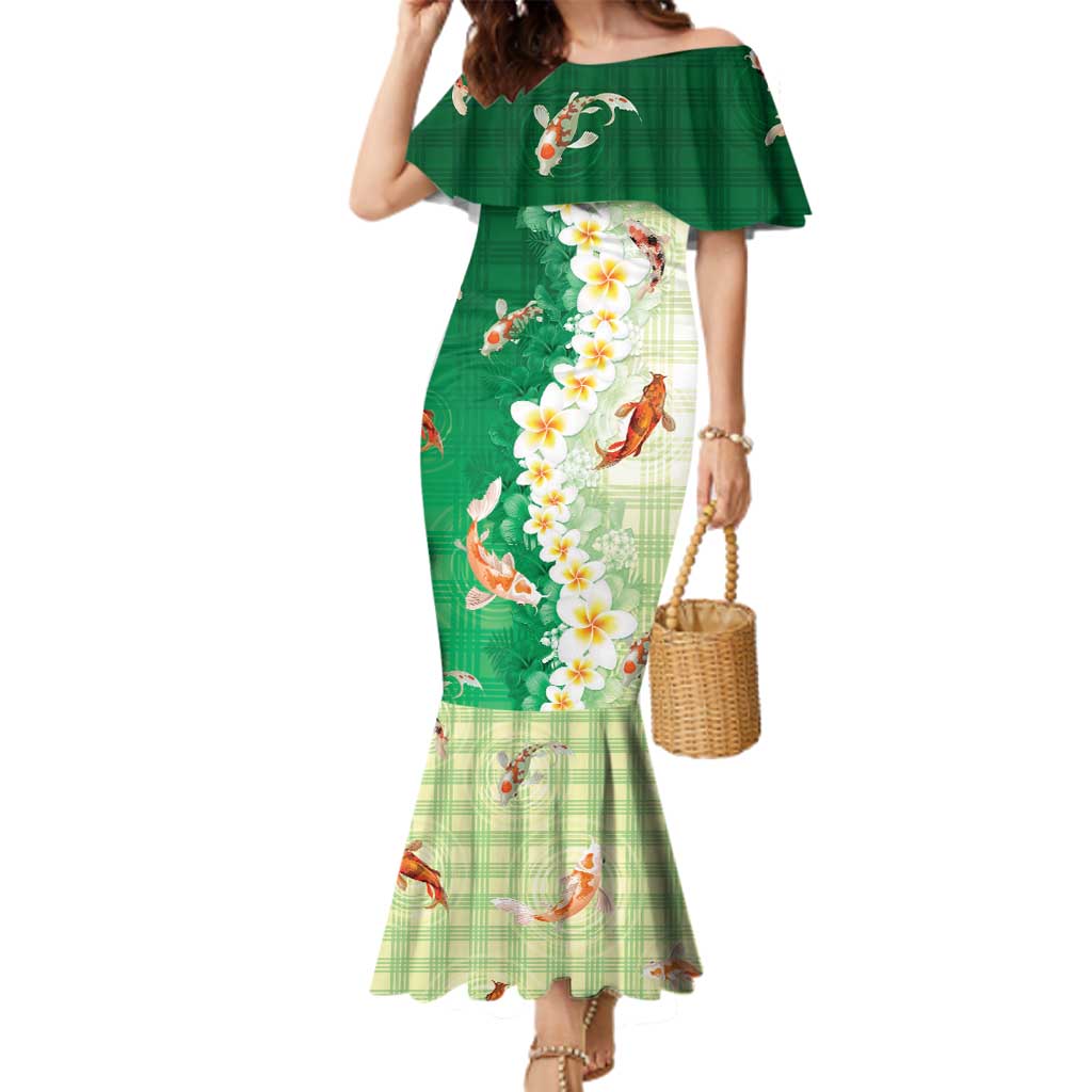 Hawaii And Japan Family Matching Mermaid Dress and Hawaiian Shirt Plumeria Lei With Koi Fish Green - Polynesian Pride