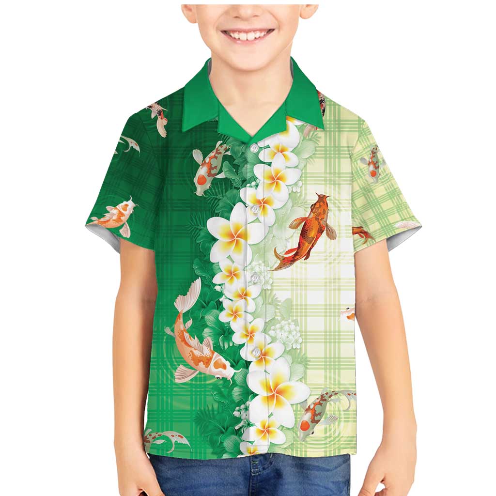 Hawaii And Japan Family Matching Mermaid Dress and Hawaiian Shirt Plumeria Lei With Koi Fish Green - Polynesian Pride
