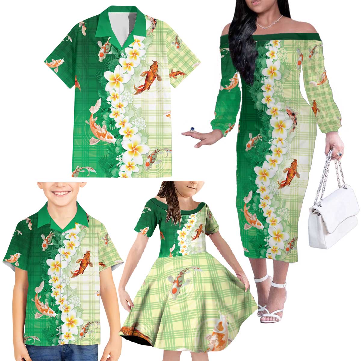 Hawaii And Japan Family Matching Off The Shoulder Long Sleeve Dress and Hawaiian Shirt Plumeria Lei With Koi Fish Green - Polynesian Pride