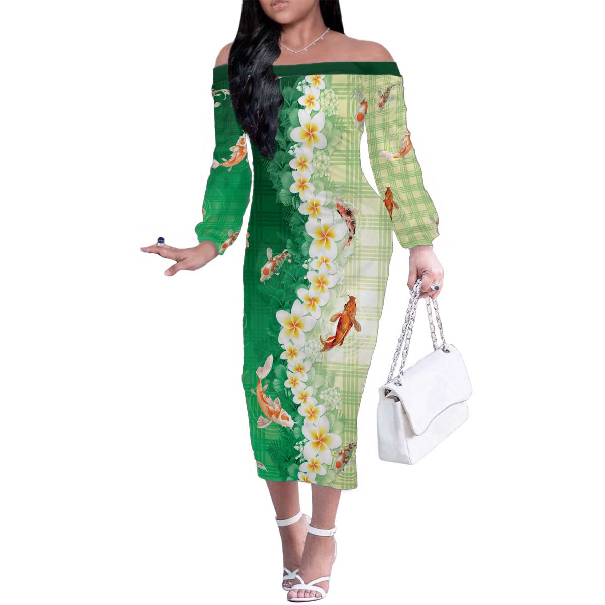 Hawaii And Japan Family Matching Off The Shoulder Long Sleeve Dress and Hawaiian Shirt Plumeria Lei With Koi Fish Green - Polynesian Pride