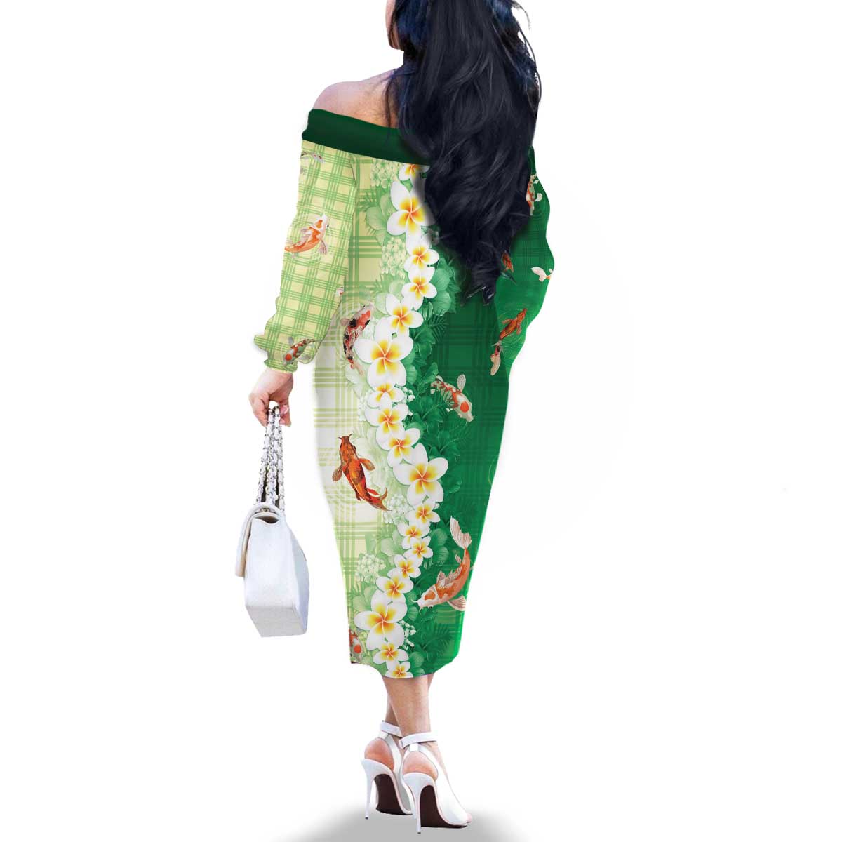 Hawaii And Japan Family Matching Off The Shoulder Long Sleeve Dress and Hawaiian Shirt Plumeria Lei With Koi Fish Green - Polynesian Pride