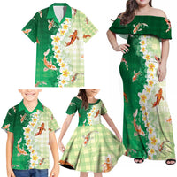 Hawaii And Japan Family Matching Off Shoulder Maxi Dress and Hawaiian Shirt Plumeria Lei With Koi Fish Green - Polynesian Pride