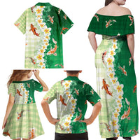 Hawaii And Japan Family Matching Off Shoulder Maxi Dress and Hawaiian Shirt Plumeria Lei With Koi Fish Green - Polynesian Pride