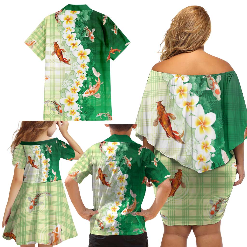 Hawaii And Japan Family Matching Off Shoulder Short Dress and Hawaiian Shirt Plumeria Lei With Koi Fish Green - Polynesian Pride