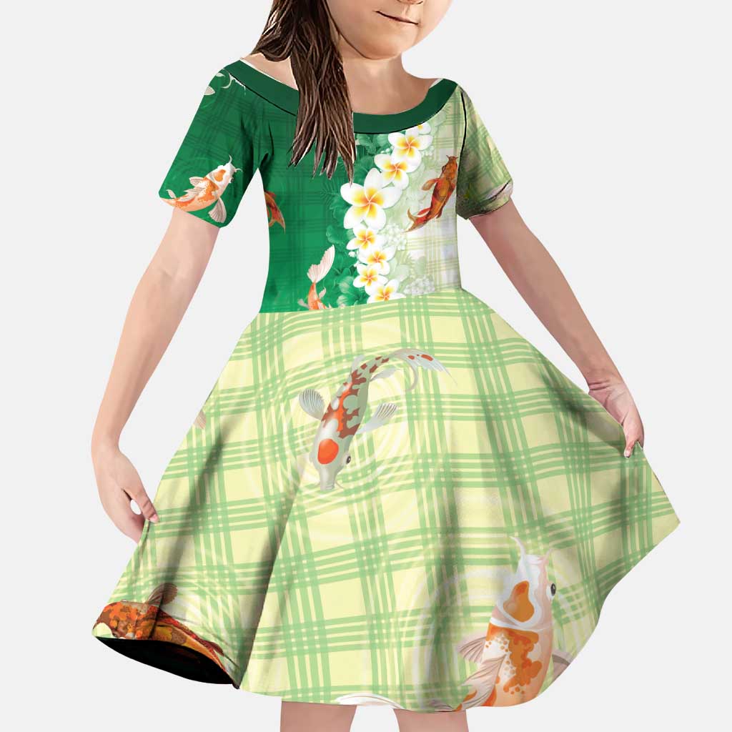 Hawaii And Japan Family Matching Puletasi and Hawaiian Shirt Plumeria Lei With Koi Fish Green LT05 Daughter's Dress Green - Polynesian Pride