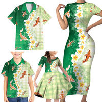 Hawaii And Japan Family Matching Short Sleeve Bodycon Dress and Hawaiian Shirt Plumeria Lei With Koi Fish Green - Polynesian Pride